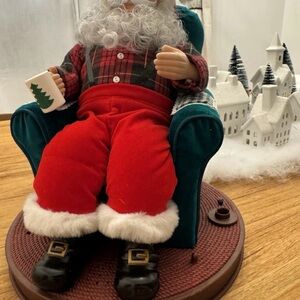 Vintage Animated Santa in Green Velvet Chair 1990s Christmas Decoration Avon